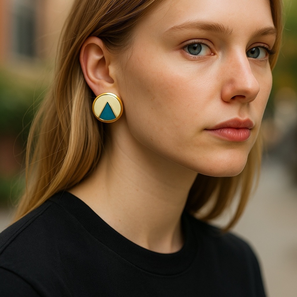 80s Blue and Cream Geometric Clip-on Earrings Nautical - Picture 1 of 7